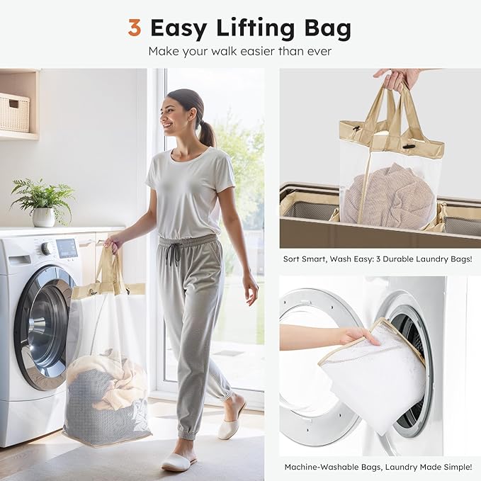 SOLEDI 180L 3-Section Laundry Hamper with Lid, Extra Large Dirty Clothes Basket with Sturdy Handles for Laundry Room & Bedroom - Durable Organizer for Sorting Laundry