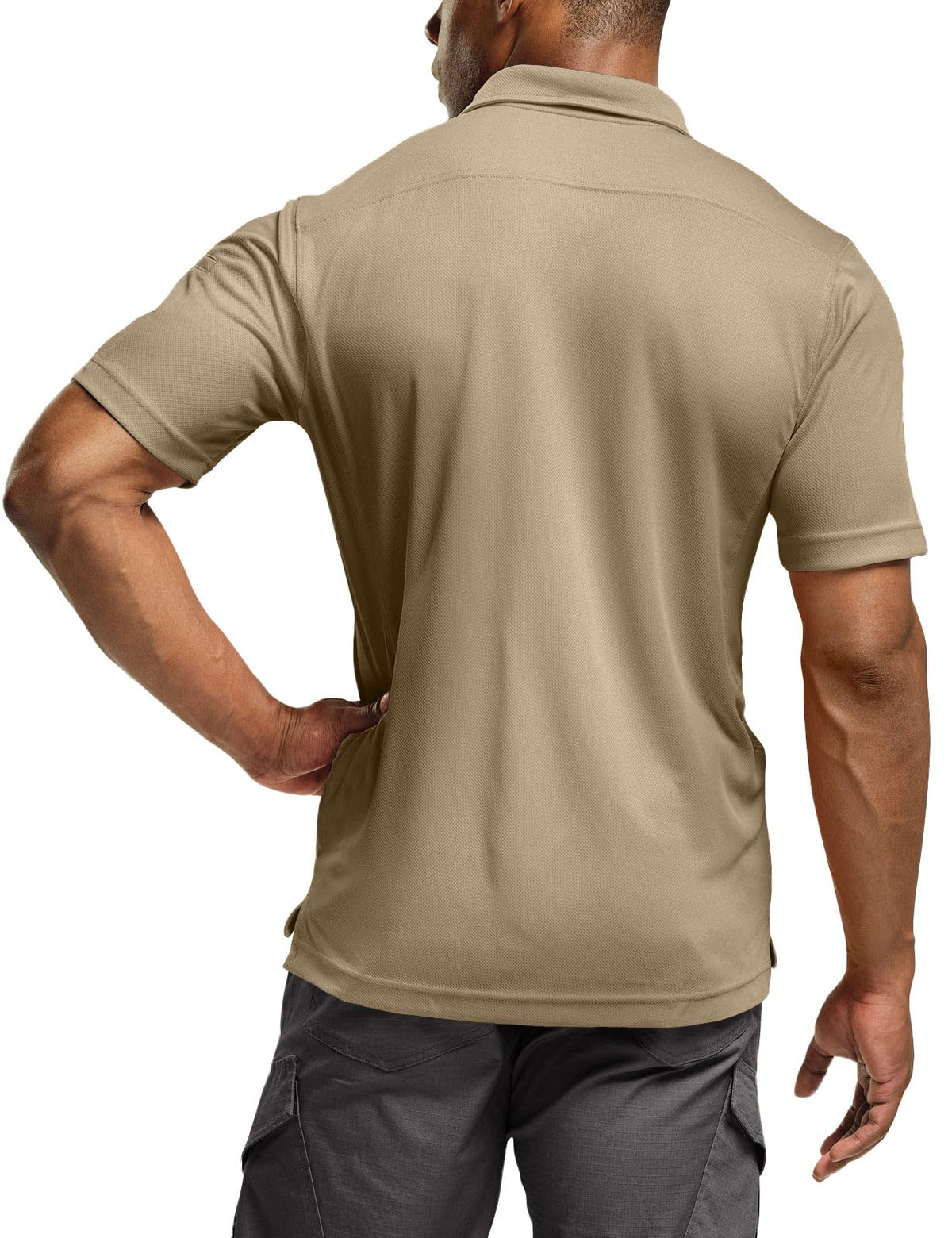 CQR Men's Quick Dry Tactical Polo Shirt, Lightweight Breathable Performance Polo, Short Sleeve UPF 50+ Outdoor Golf Shirt, Frost Essential Khaki, Small