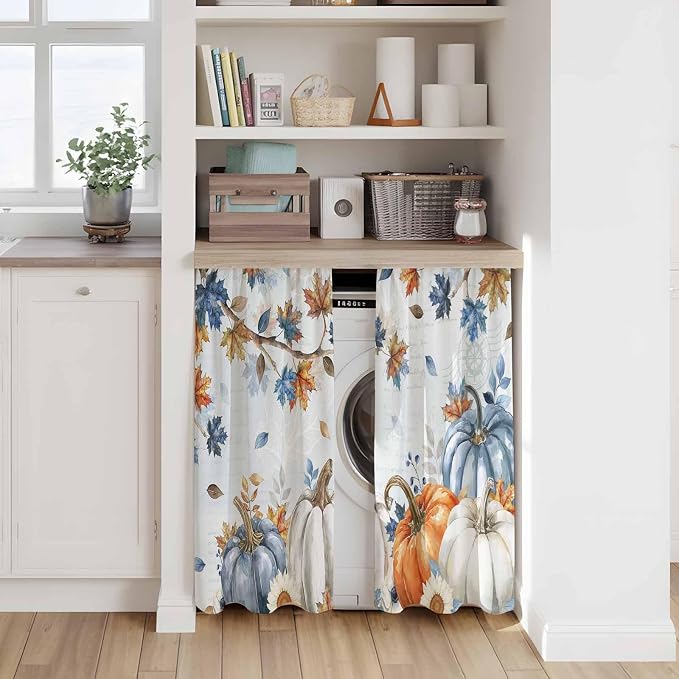 Fall Blue Maple Kitchen Curtains 54 Inch Long 2 Panel Set, Rod Pocket Window