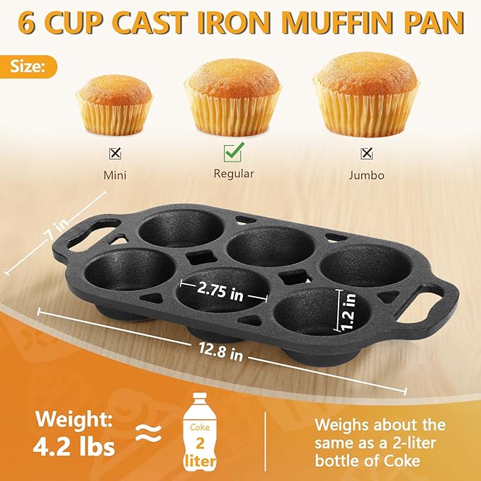 COSORM Pre-Seasoned Cast Iron Muffin Pan - 6-Cup Nonstick Cupcake Pan, 2 Piece Set