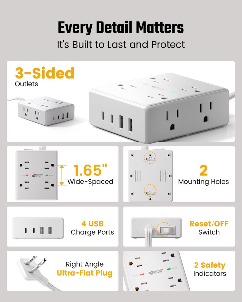 25Ft Long Extension Cord, Flat Plug Power Strip with 8 Outlets & 4 USB Ports (2 USB C), Wall Mountable Surge Protector, Desk Charging Station for Home Office, Dorm Room Essentials