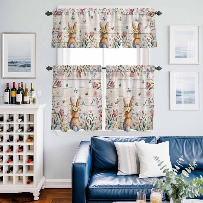 Kitchen Curtains Tiers and Valance Set of 3, Easter Light Filtering Window