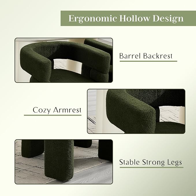 Sherpa Barrel Dining Chairs Set of 2, Upholstered Boucle Accent Kitchen Chairs with Arms, Comfy Faux Fur Side Chair Modern Armchair for Dining Room, Bedroom, Home Office, Green