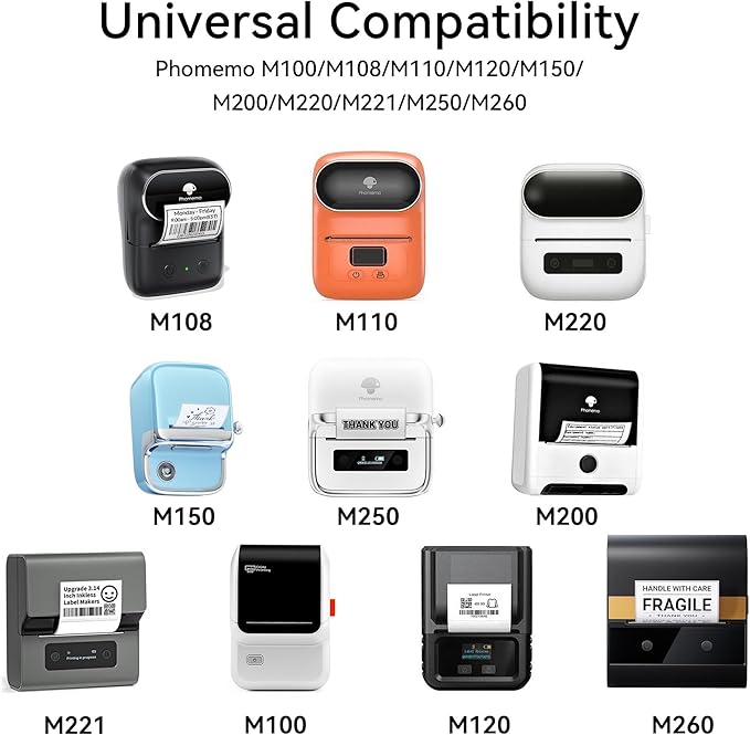 Phomemo Labels for M110 M120 M221 M200 M220 M150 M250 M260 M108 M100 Label Printer, Thermal Paper for Small Business, Barcode, Address, Clothing, Black on White 1.97"x3.15"(50x80mm) 100Label/Roll