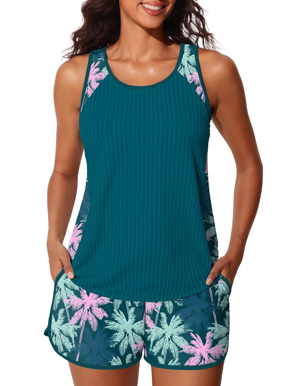 Summer Mae Modest Blouson Tankini Swimsuit with Shorts Pink Blue Palms 12