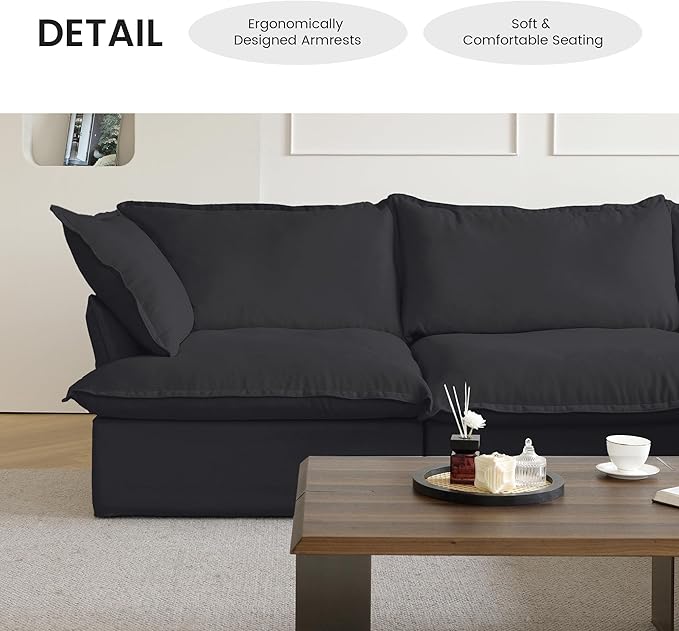 WJShome Love Seat Sofas, Modern Down Filled Modular Sectional Sofas, Cushion Covers Removable, Customizable Modular Sectional Couch for Living Room Apartment Lounge Bedroom (Black, 2 Seat)