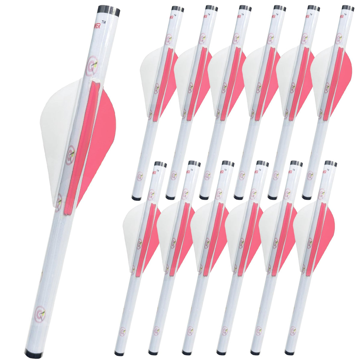 LEANPRO 12-Pack Shrink Fletch with 2 Inch Vanes, Stretch Arrow Wraps Universal Fit for Arrows and Bolts, DIY Archery Fletching Tool (White/Pink)