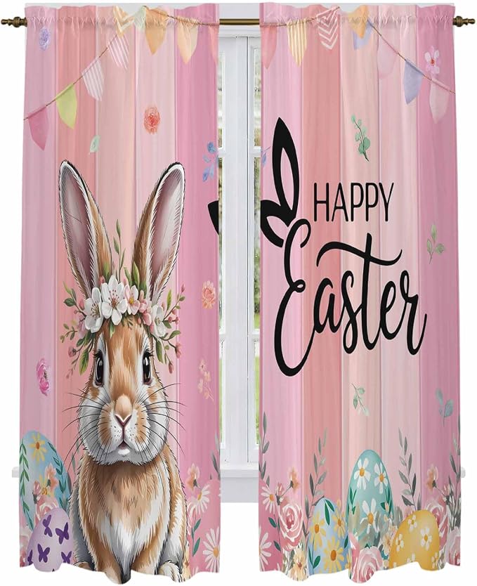 Easter Kitchen Curtains, Spring Rabbit Eggs Flowers Flags Leaves Wood Grain