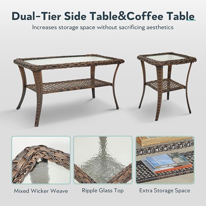 5 Pieces Wicker Patio Furniture Set - Hollow Widen Armrests Outdoor Swivel Glider Chairs and 3 Seat Sofa with Coffee Table & Side Table for Balcony Porch Deck and Yard - Brown/Gray