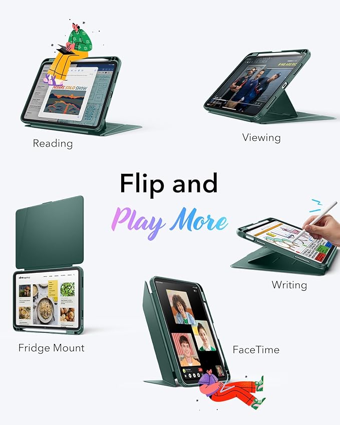 ESR for iPad A16 Case, iPad 11th/10th Generation Case (2025/2022), Vertical Stand Cover, Multi Stand Angles, Ultra-Stable Cover with Pencil Holder, Flip Series, Green