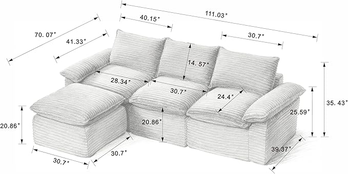 111" Cloud Sectional Couch with L-Shaped Chaise, Corduroy Sectional Sofa with Ottoman, Boneless Couch with Deep Seat in a Box for Living Room, No Assembly Required (Black)