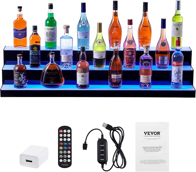 VEVOR LED Lighted Liquor Bottle Display, 3 Tiers 48 Inch Commercial Illuminated Home Bar Shelf, 3 Steps Whiskey Rack Stand, Acrylic Drink Shelves with RF Remote & App Control, and Multicolor Light