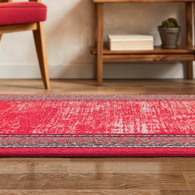 Antep Rugs Alfombras Bordered Modern 2x7 Non-Slip (Non-Skid) Low Pile Rubber Backing Indoor Area Runner Rug (Red, 2' x 7')