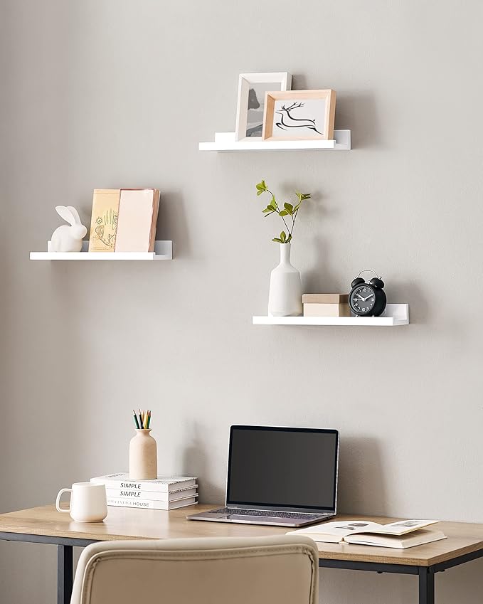 SONGMICS Floating Shelves, Set of 3 Wall Shelves, 15-Inch Wide, for Photo Frames and Trinkets, for Living Room, Home Office, Kitchen, Bathroom, White ULWS38WT