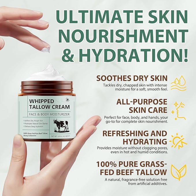 NIFEISHI Beef Tallow for Skin, 100% Tallow and Honey Balm, Beef Tallow Moisturizer for Face, Deeply Moisturizing for Face & Body, Unscented Fast Absorption-4.2 Oz