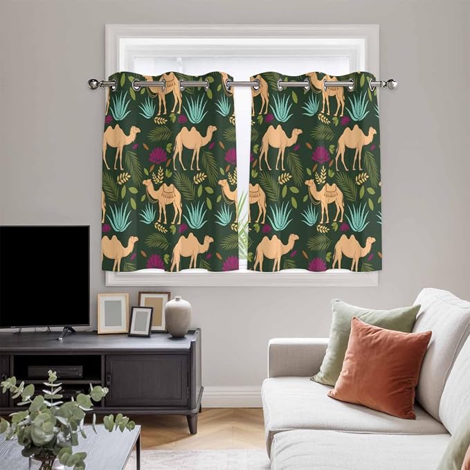 2 Panel Kitchen Cafe Curtains, Retro Desert Camel Sunlight Filtering Nature Air