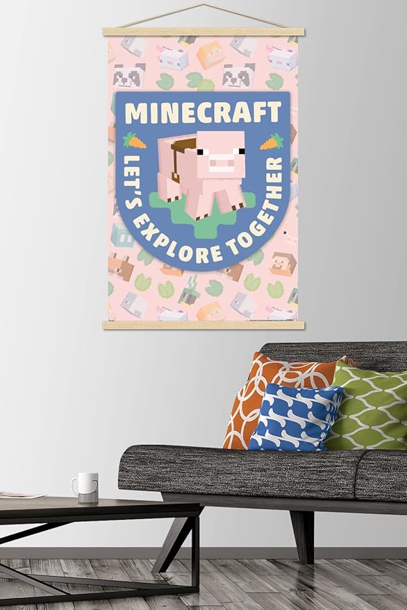 Trends International Minecraft - Let's Explore Together Wall Poster with Magnetic Frame, 34L x 22.4W, Premium Print and Beechwood Hanger Bundle
