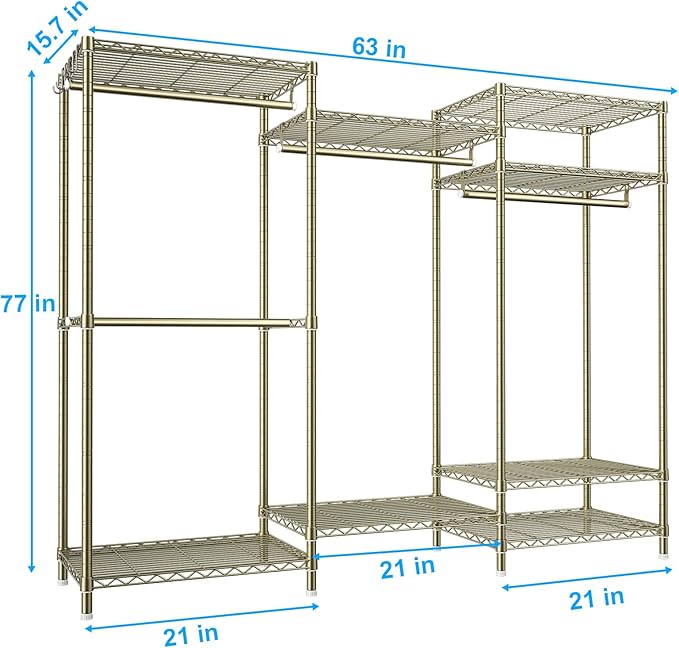 Ulif E13 Heavy Duty Clothes Rack（With 4 Hanger Rods & 8 Shelves） Freestanding Clothing Racks for Hanging Clothes，Adjustable Closet Organizer，Metal Garment Rack 63" W x16 D x77 H，Max Load 900LBS，Gold