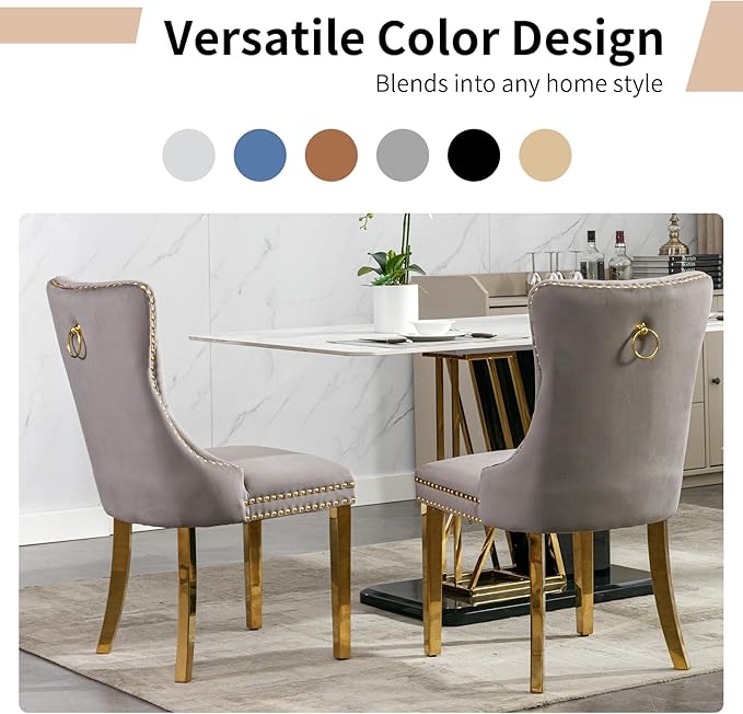 Luxury Upholstered Dining Chairs Set of 4, Grey Kitchen Chair with Golden Metal Legs, Velvet Tufted Back Dining Chair, Sillas de Comedor, Modern Kitchen & Dining Room Chairs (Gray, 4 Pcs)