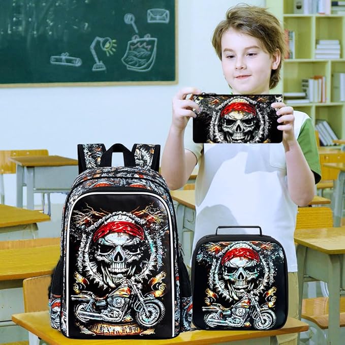 KLFVB 3PCS Kids Bookbag, 17" Boys Backpack and Lunch Box, Water Resistant Teenagers School Bag for Middle Elementary - Skeleton Motorcycle