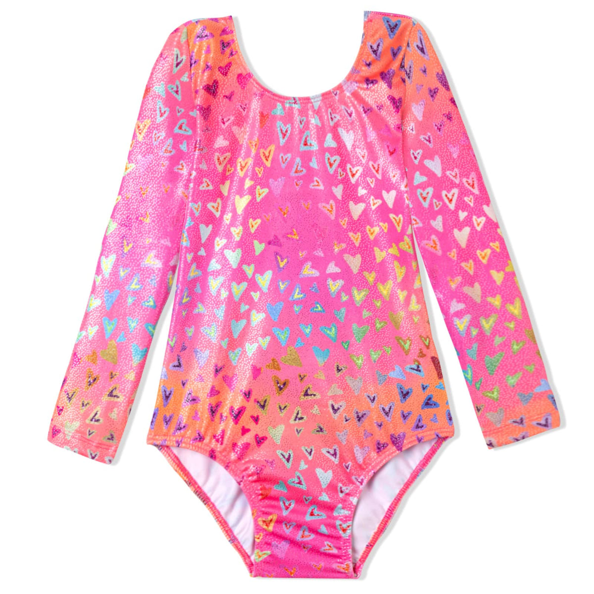 Domusgo Leotard for Girls Gymnastics Size 7-8 Years Old One Piece Shiny Pink Long Sleeve Neon Heart Outfits