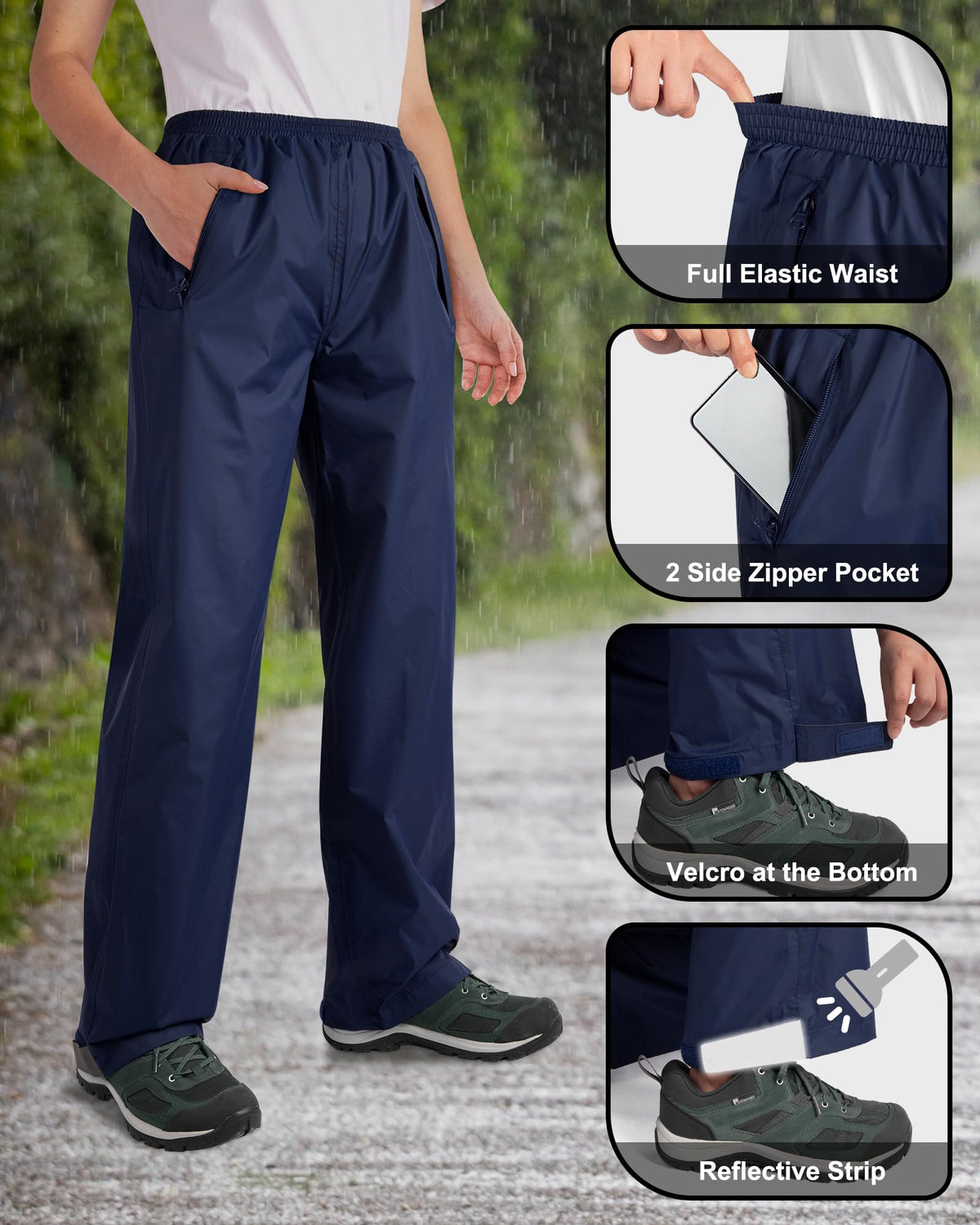 33,000ft Packable Rain Pants for Women Waterproof Pants Lightweight Rain Over Pants Outdoor Windproof Pant for Golf Hiking Navy