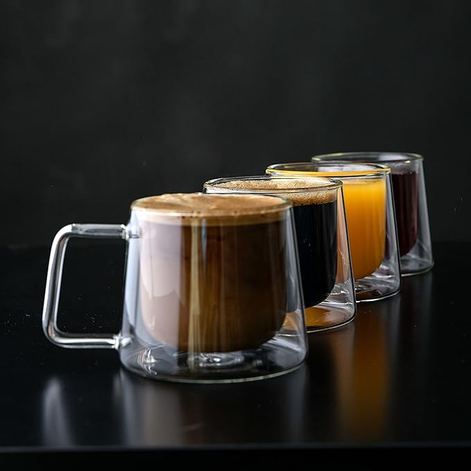 LEMONSODA Double Walled Glass Coffee Drink Mug with Handle - Set of 4 (250 mL / 8.5 fl. oz) Insulated Thermal Mugs Glasses For Tea, Coffee, Latte, Cappucino, Cafe, Milk - Housewarming Gifts