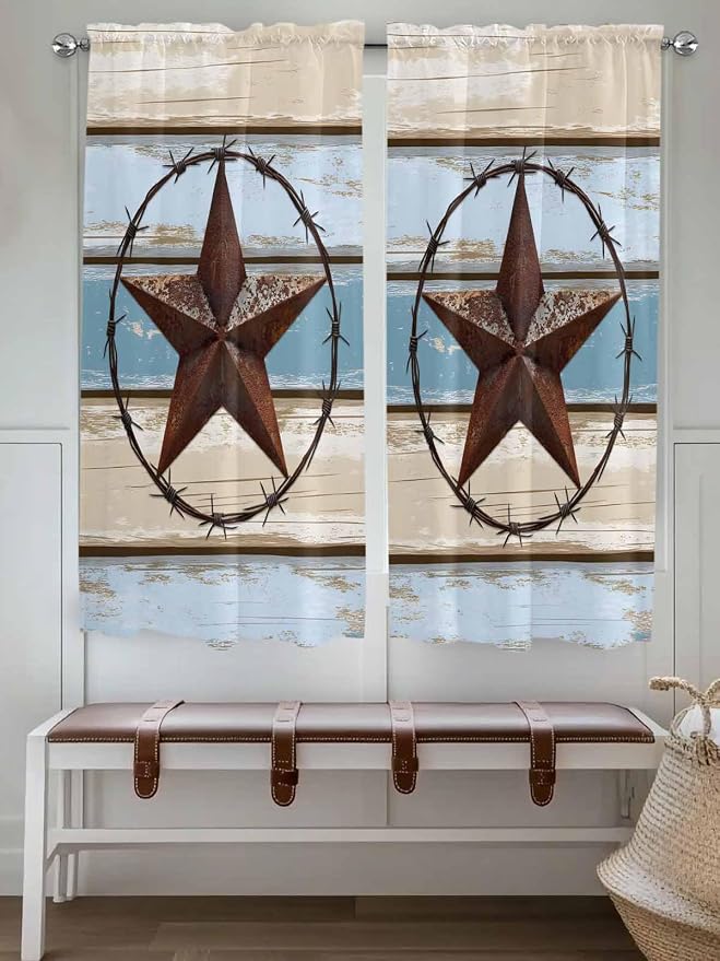 Vintage Western Star on Wood Grain Window Valance Curtains, Retro Wooden