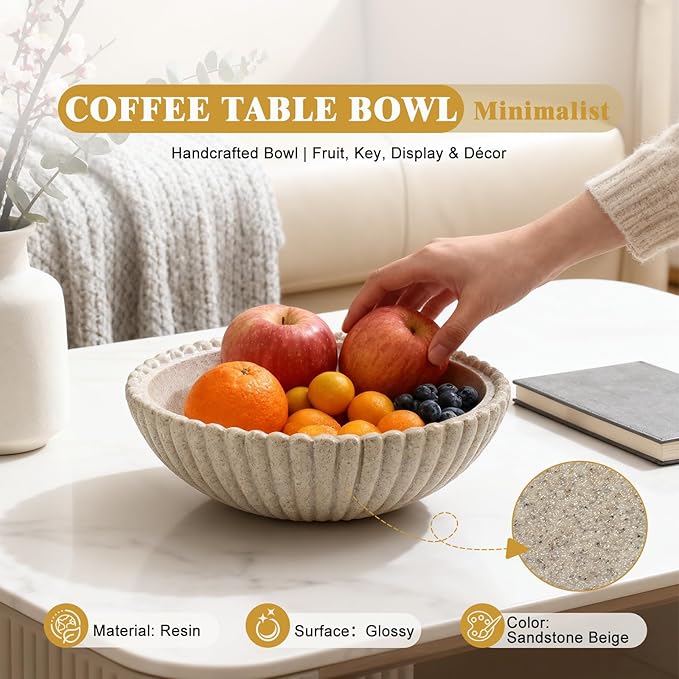 Large 10 Inch Resin Decorative Bowl Handmade Fruit Bowl for Kitchen, Entryway Bowl for Keys & Mail, Countertop Centerpiece for Dining Table Home Decor
