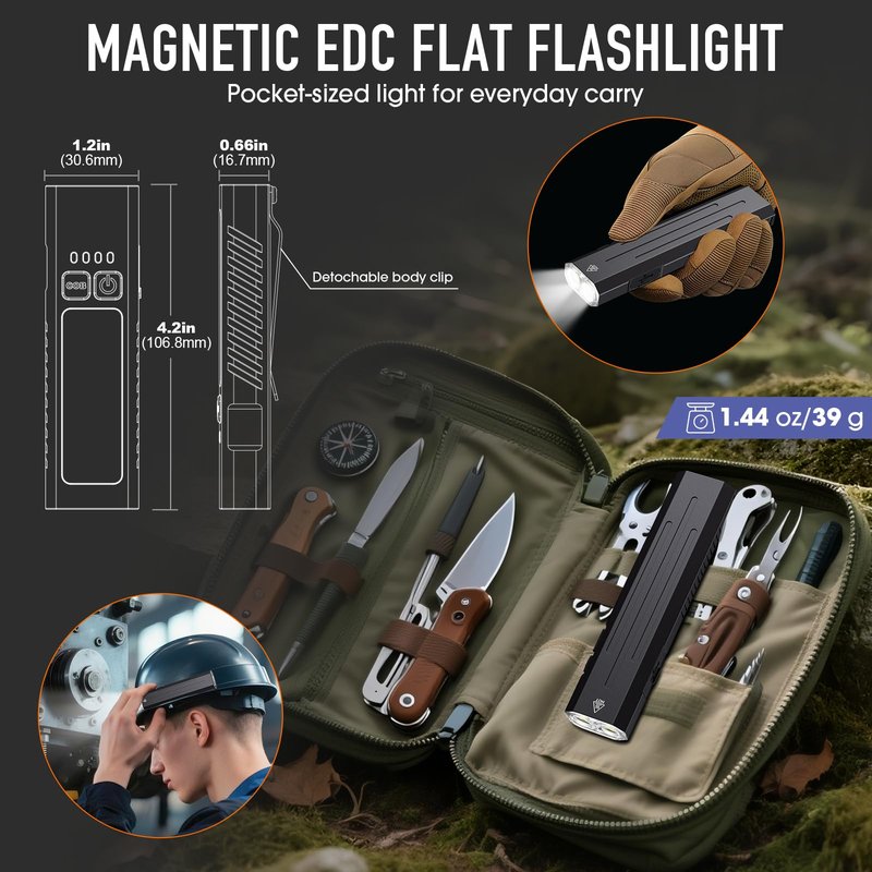 2pack Rechargeable EDC Flashlight - Emergency One Click Strobe Mode, 1600 High Lumens Portable Pocket light Mini Flashlight , Magnetic Small EDC Slim Flat Flashlight for Working Camping Repairing