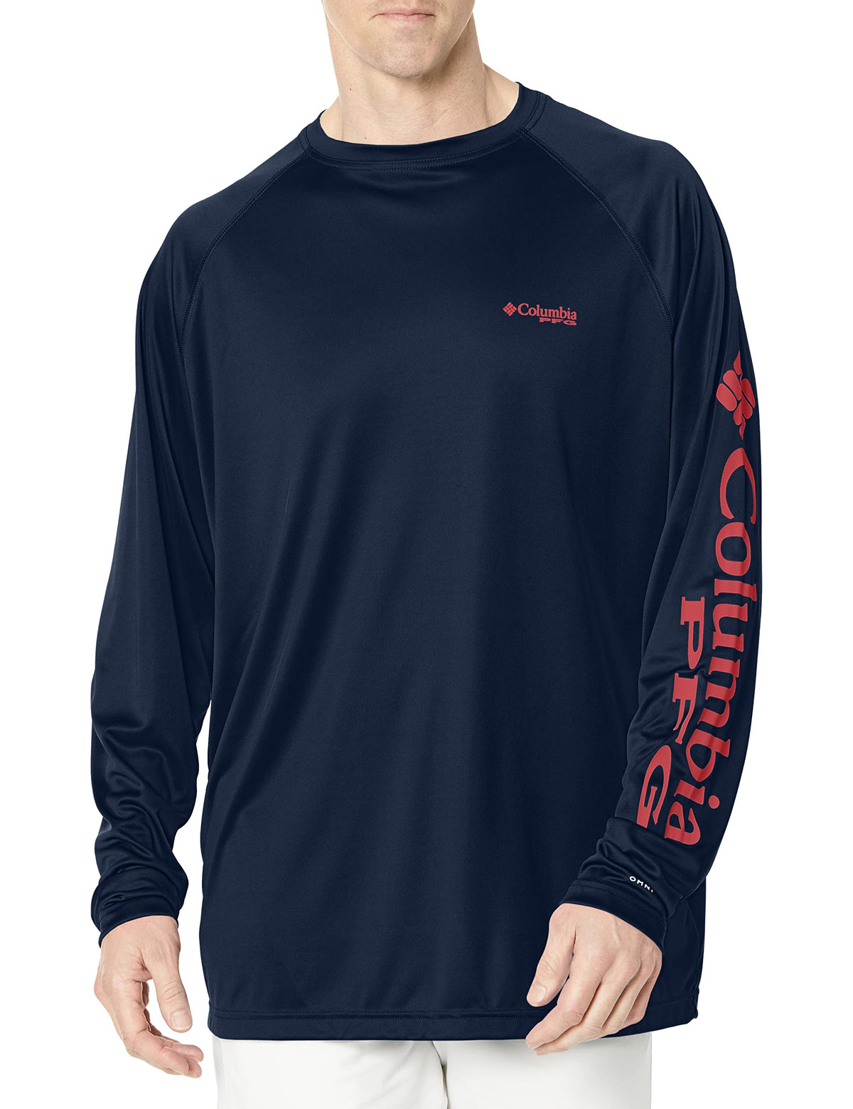 Columbia Men's PFG Terminal Tackle Long Sleeve Fishing Shirt, Collegiate Navy/Sunset Red Logo, Large Tall