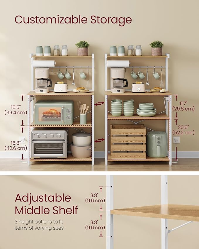 VASAGLE Kitchen Bakers Rack with Power Outlet, Coffee Bar 4-Tier with 8 S Hooks, Microwave Stand, Adjustable Shelf, 15.7 x 31.5 x 55.1 Inches, Golden Oak and Cloud White UKKS029YA01
