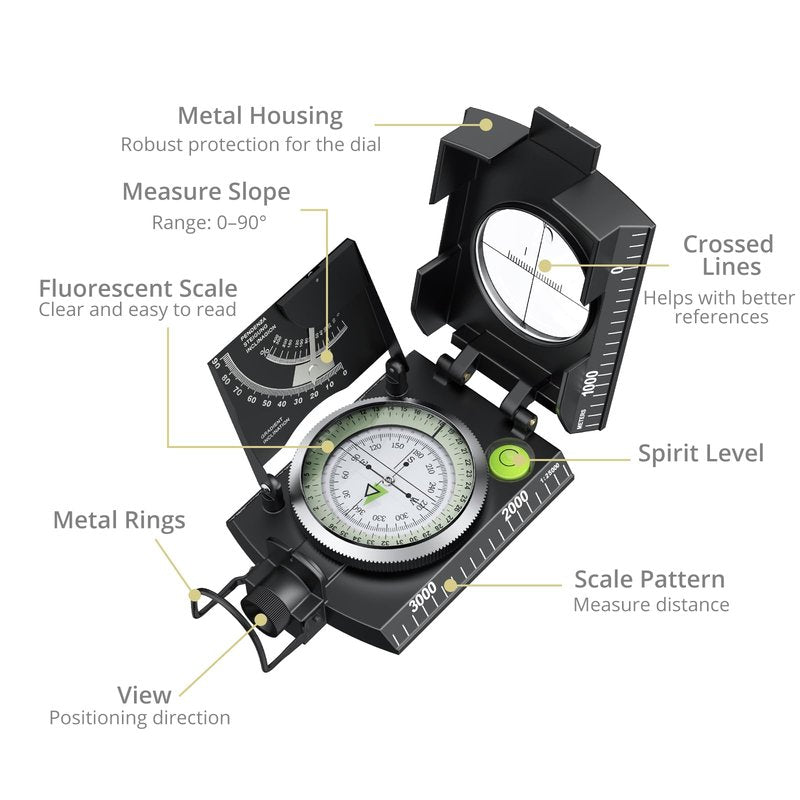 Anbte Compass Hiking Survival, IP65 Waterproof Metal Compass with Sighting Clinometer and Carry Bag, Multifunctional, Professional, for Camping Hunting Hiking Navigation, Black