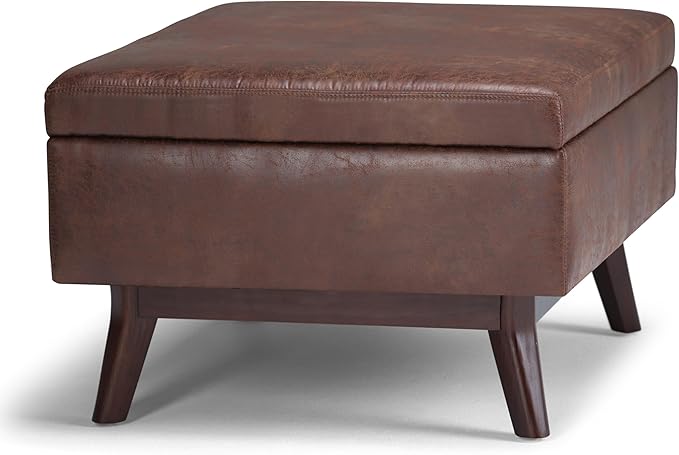 SIMPLIHOME Owen Coffee Table Storage Ottoman - 34 inch Wide Upholstered Vegan Leather Rectangular Lift-Top Ottoman in Distressed Saddle Brown, Mid-Century Bench for Living Room with Tapered Legs