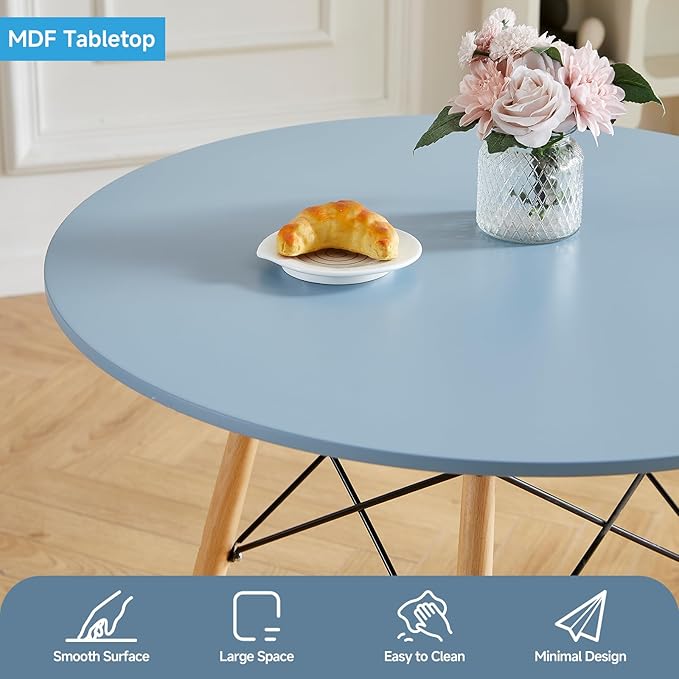 Round Dining Table Set for 4 35.5" Wood Dinner Table Circle Dining Table Kitchen Table Chairs Set of 4 with Wood Strip Base for Kitchen Living Room Space Saving Apartment(Blue)
