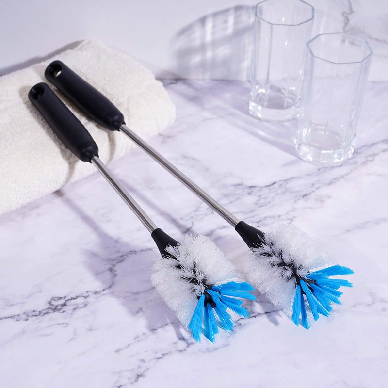 MOSOLAN Stainless Steel Bottle Brush with Replaceable Head, 2 Pack Long Handle Scrubbing Brush for Water Bottles, Glasswares, Mugs, Flasks, Tumblers, Vases, and Kitchen Sink, White, 15 in