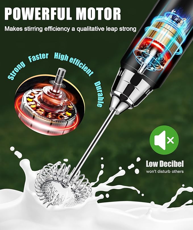 YUSWKO Handheld Milk Frother Wand for Coffee, Rechargeable Electric Whisk with 3 Heads 3 Speeds Drink Mixer Coffee Frother For Latte, Cappuccino, Hot Chocolate, Egg, Green with Bag