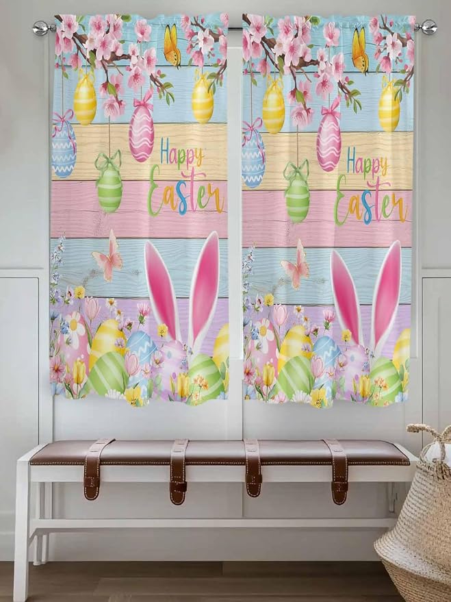 Colorful Easter Living Room Curtains 72 Inches length, Spring Watercolor Bunny