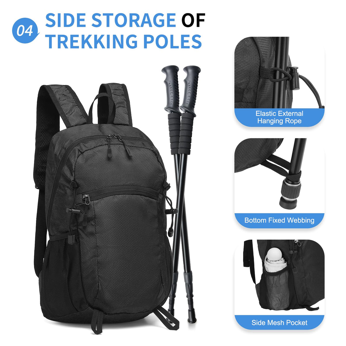 SUIKIHUM 20L Small Hiking Daypack for Women Men, Foldable Packable Backpack, Lightweight Water-Repellent Travel Daypack for Camping Outdoor, Black