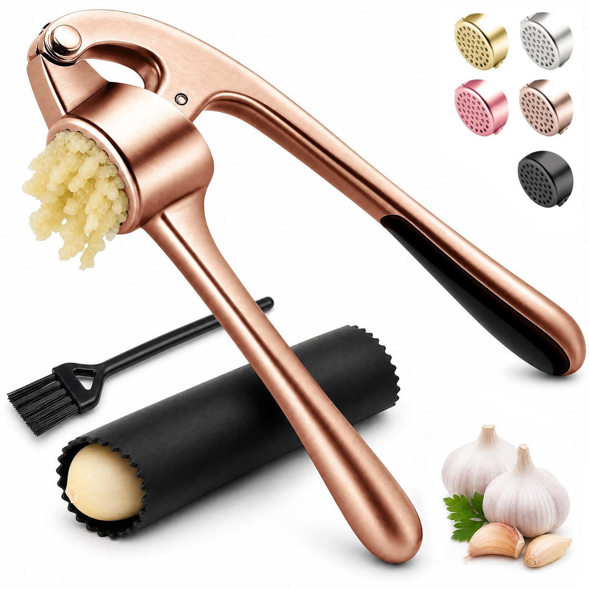 Kitchen Garlic Press, Rust Proof & Dishwasher Safe Garlic Mincer, Durable Garlic Crusher Set with Peeler＆Brush, Easy to Clean and Squeeze, Rose