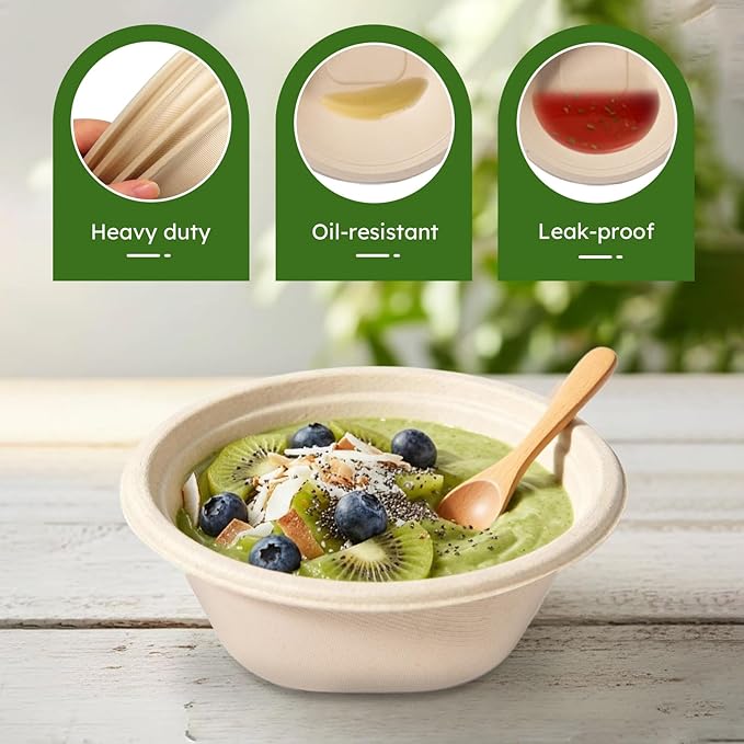 Paper Bowls, 32 Oz Disposable Bowls [100 Pack] Heavy Duty Compostable Deep Disposable Soup Bowls, Eco-friendly Biodegradable Bagasse Hot Cold Microwavable Bowls for Salad, Cereals, Dessert
