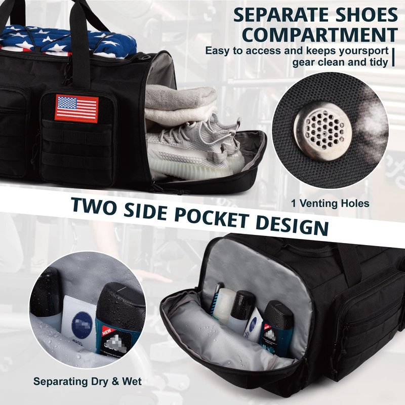 Tactical Gym Bag for Men，70L Large 3 in 1 Sports Duffle Bag with Shoes Compartment for Travel,Water Resistant Travel Backpack Weekender Overnight Bag with Wet Pocket for Women