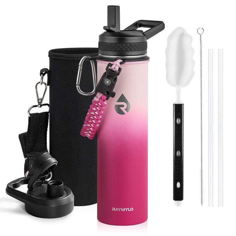 RAYMYLO Insulated Water Bottle 24 oz, Triple Wall Vacuum Stainless Steel (Cold for 24Hrs, Hot for 12Hrs), Leak Proof & Non-BPA, Modern Water Flask Jug with Paracord Handle & Straw Spout Lids
