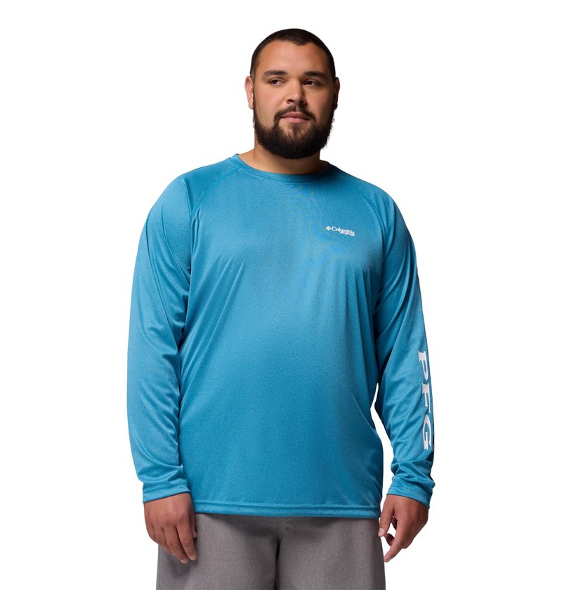 Columbia Men's PFG Terminal Tackle Long Sleeve Fishing Shirt, Blue Echo Heather/White Logo, X-Large
