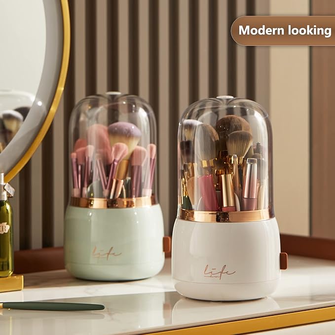 Makeup Brush Holder Organizer with Lid, Rotating Dustproof Make Up Brushes Organizer with Clear Acrylic Cover for Vanity Desktop Bathroom Countertop (white)