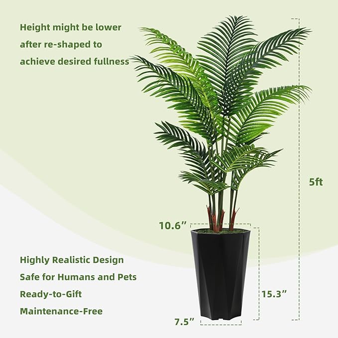 Artificial Palm Tree 5FT - Faux Plant with Black Diamond Planter - Tall Fake Tropical Areca Floor Plant Potted - Artificial Silk Tree for Home Office Living Room Decor Indoor