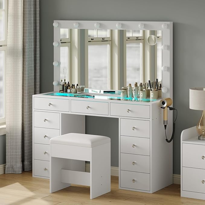 Vanity Desk with Mirror and Lights, Makeup Vanity Desk with Lights 3 Colors, LED Reinforced Glass Vanity, Makeup Vanity with 11 Storage Drawer, Dressing Table for Bedroom Dressing Room (White)