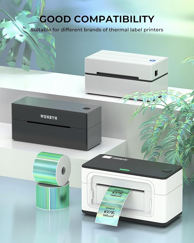 MUNBYN 2" Circle Holographic Thermal Label Stickers Green, Round Printable Rainbow Glitter Thermal Printer Sticker Labels for Gift Wrapping, Self-Adhesive Name Price Tag DIY Custom Logo Design