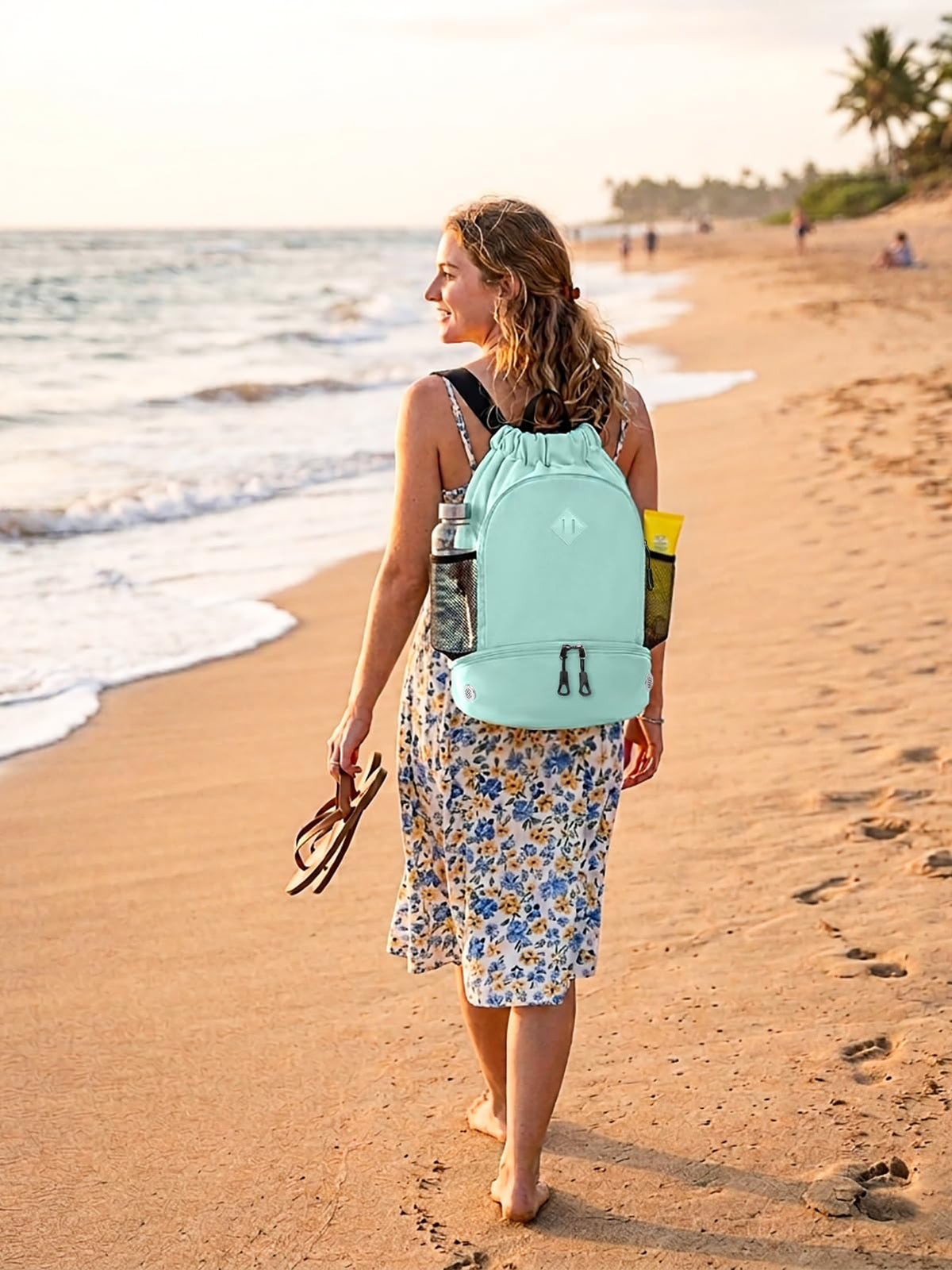 RHDZO Drawstring Backpack Gym Backpack with Shoe Compartment for Men Women String Sports Bag with Wet Pocket Cinch Swim Beach Bag, Large Mint Green
