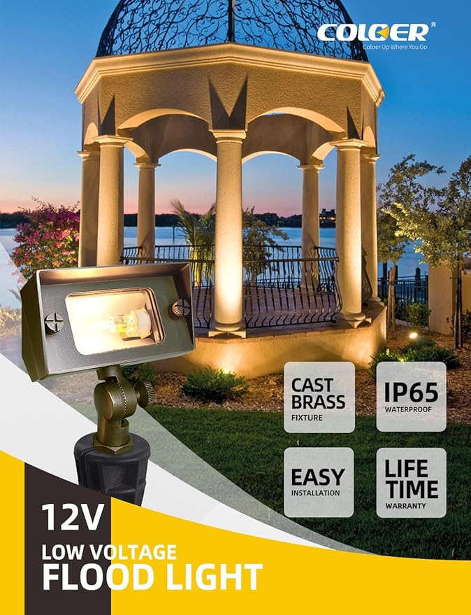 COLOER Brass Small Rectangular Flood Lights Outdoor 10-Pack Without Bulb, 12V Low Voltage Landscape Outside Lights for House Illuminating Signs, Walls and Plant Material